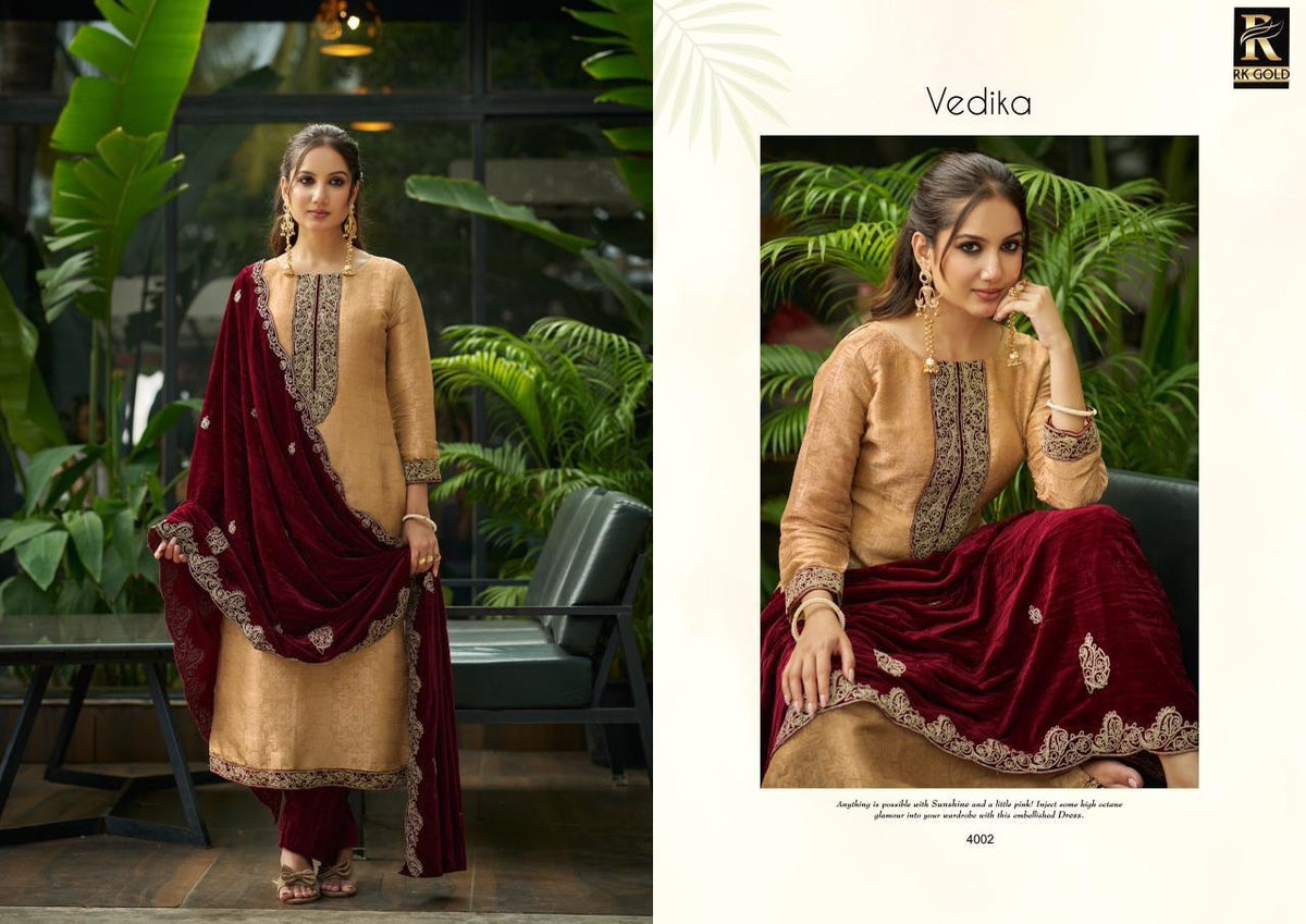 Vedika Rk Gold Viscose Velvet Suits Manufacturer