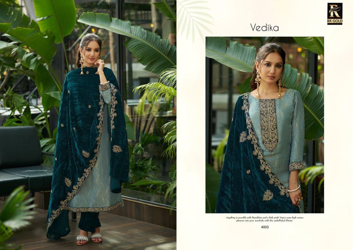 Vedika Rk Gold Viscose Velvet Suits Manufacturer