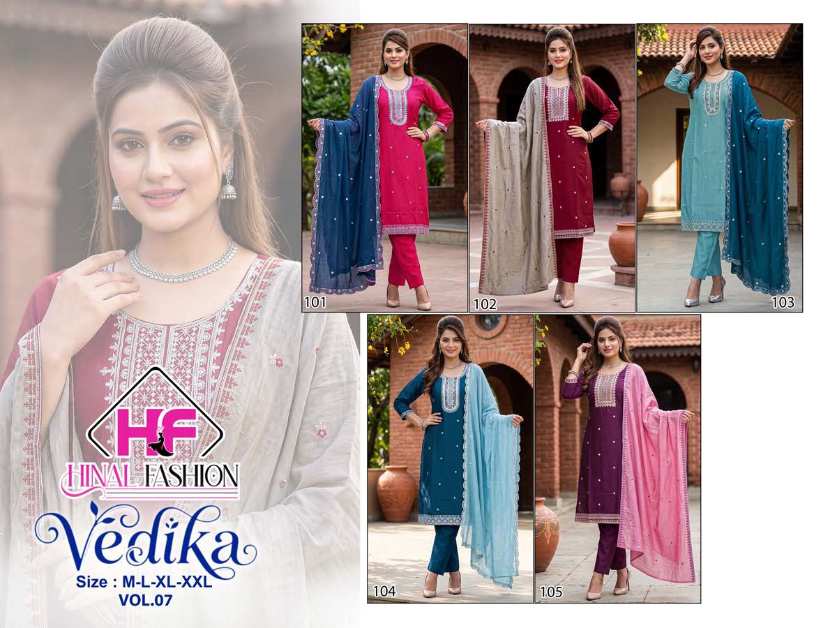 Vedika Vol 7 Hinal Fashion Vichitra Silk Readymade Pant Style Suits Manufacturer