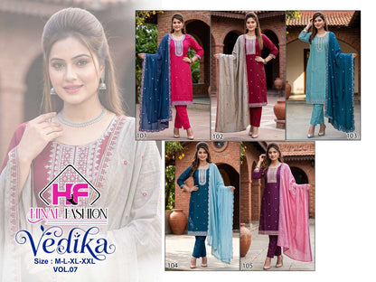 Vedika Vol 7 Hinal Fashion Vichitra Silk Readymade Pant Style Suits Manufacturer