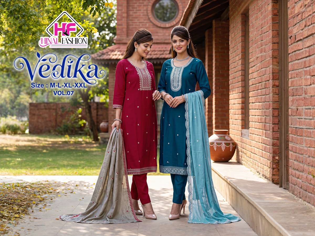Vedika Vol 7 Hinal Fashion Vichitra Silk Readymade Pant Style Suits Manufacturer