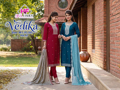 Vedika Vol 7 Hinal Fashion Vichitra Silk Readymade Pant Style Suits Manufacturer