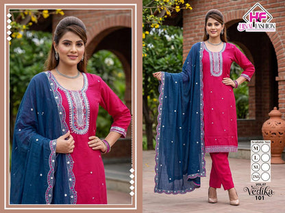 Vedika Vol 7 Hinal Fashion Vichitra Silk Readymade Pant Style Suits Manufacturer