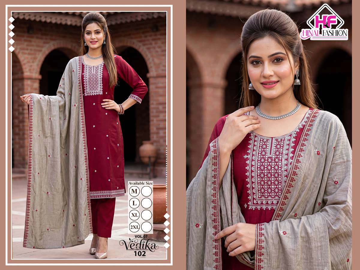 Vedika Vol 7 Hinal Fashion Vichitra Silk Readymade Pant Style Suits Manufacturer