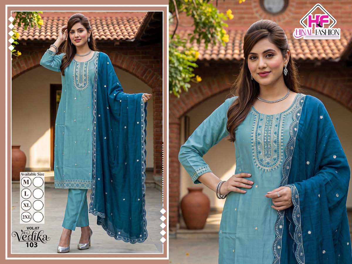 Vedika Vol 7 Hinal Fashion Vichitra Silk Readymade Pant Style Suits Manufacturer