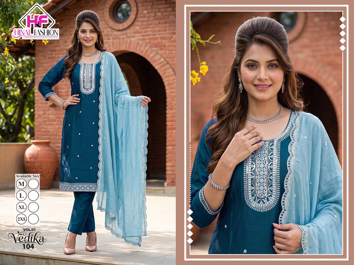 Vedika Vol 7 Hinal Fashion Vichitra Silk Readymade Pant Style Suits Manufacturer