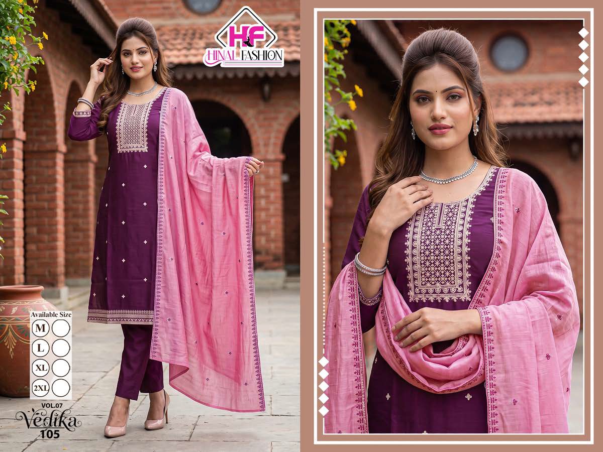 Vedika Vol 7 Hinal Fashion Vichitra Silk Readymade Pant Style Suits Manufacturer