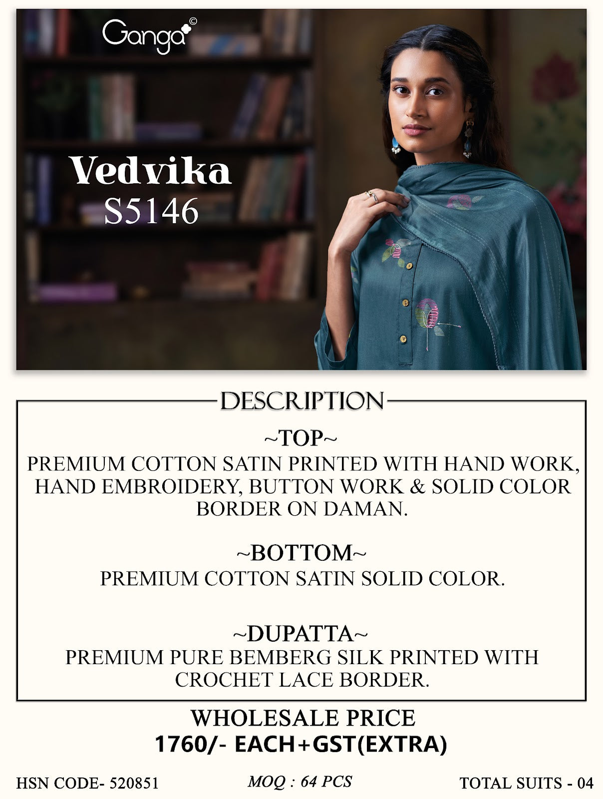 Vedvika S5146 Ganga Cotton Satin Plazzo Style Suits Exporter India