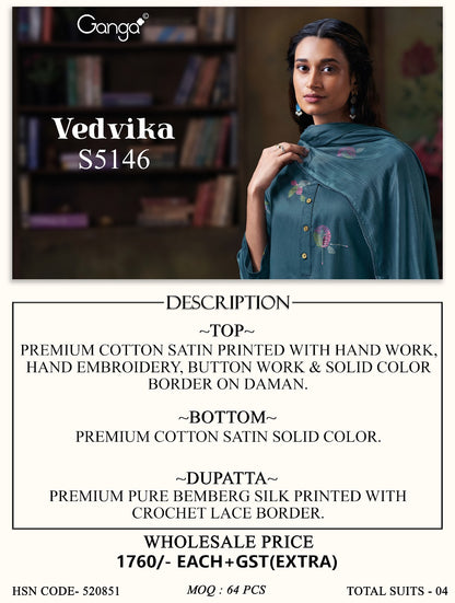 Vedvika S5146 Ganga Cotton Satin Plazzo Style Suits Exporter India