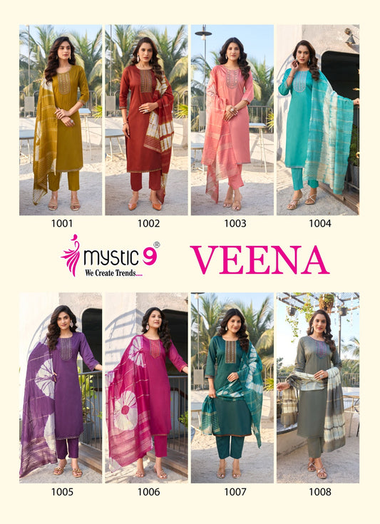 Veena Vol 1 Mystic 9 Jam Satin Readymade Pant Style Suits Wholesaler Ahmedabad
