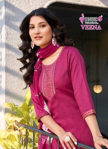 Veena Vol 1 Mystic 9 Jam Satin Readymade Pant Style Suits Wholesaler Ahmedabad