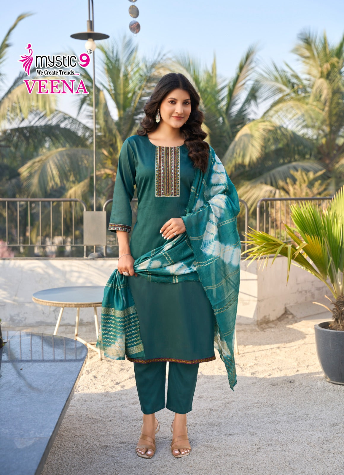 Veena Vol 1 Mystic 9 Jam Satin Readymade Pant Style Suits Wholesaler Ahmedabad