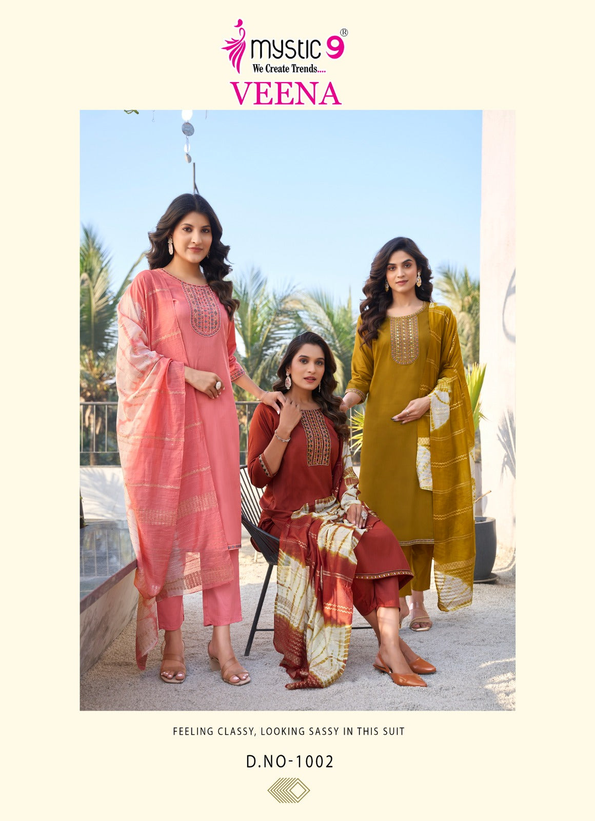 Veena Vol 1 Mystic 9 Jam Satin Readymade Pant Style Suits Wholesaler Ahmedabad