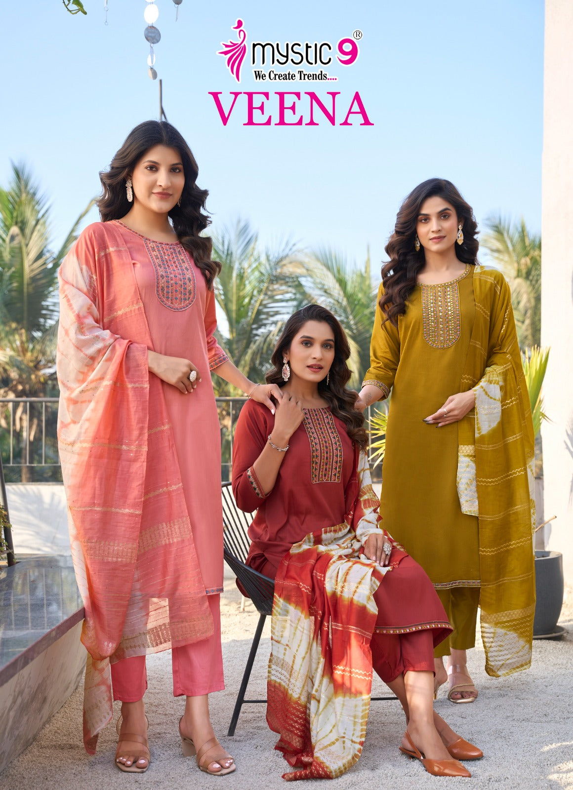 Veena Vol 1 Mystic 9 Jam Satin Readymade Pant Style Suits Wholesaler Ahmedabad