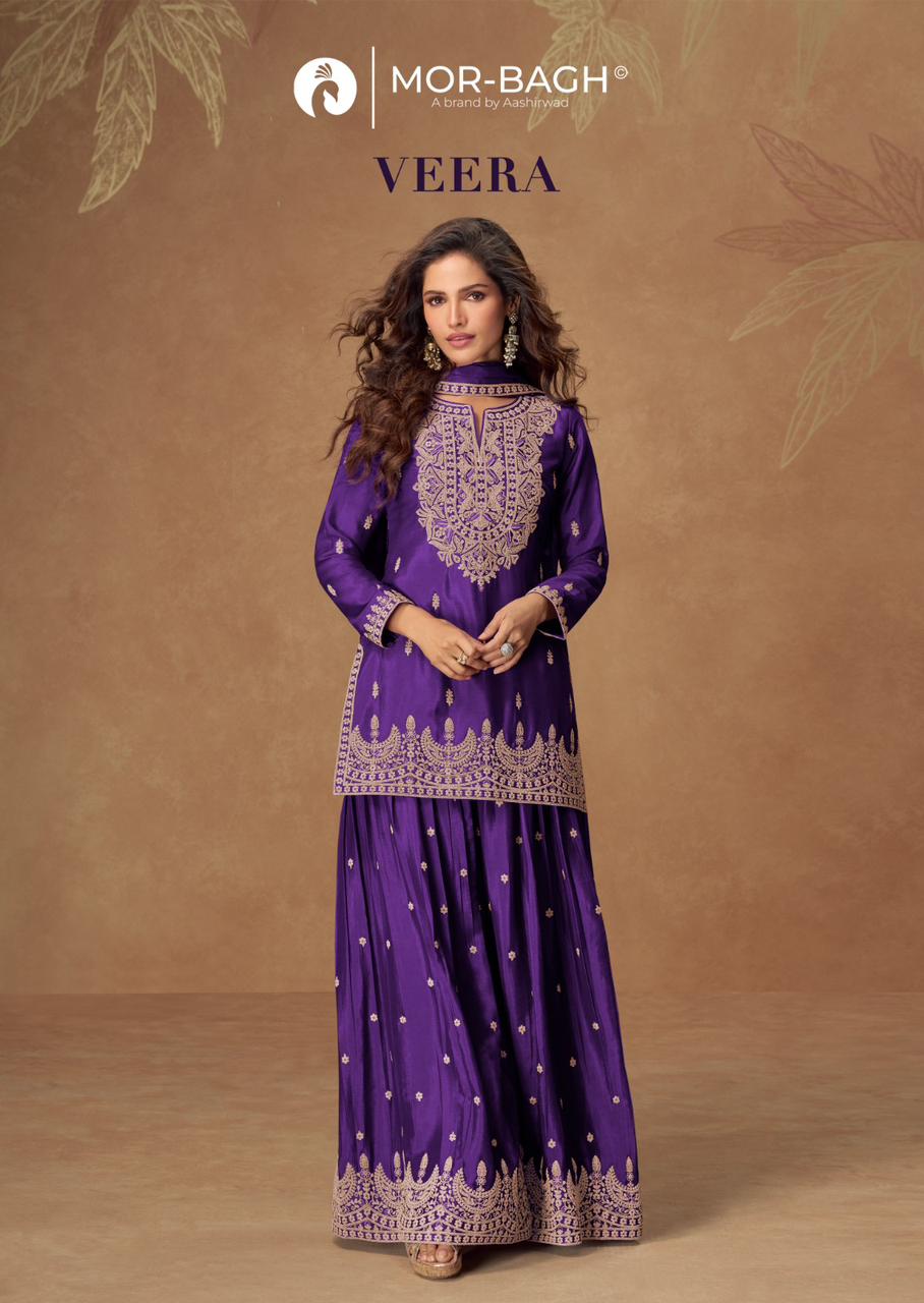 Veera Aashirwad Creation Mor Bagh Chinon Silk Readymade Plazzo Style Suits Manufacturer Ahmedabad