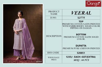Veeral 3775 Ganga Cotton Satin Plazzo Style Suits Exporter