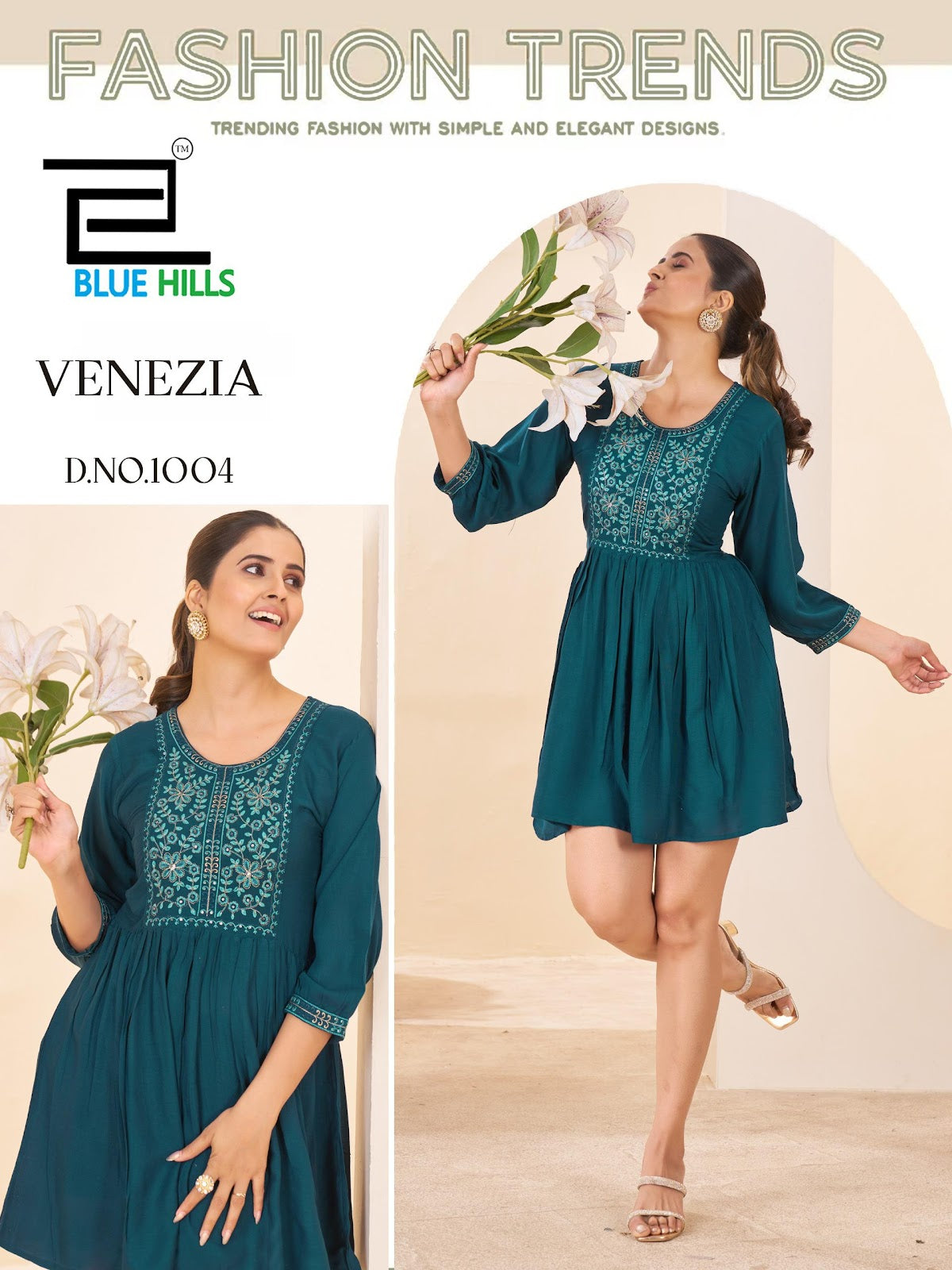Venezia Blue Hills Rayon Designer Long Top Manufacturer India