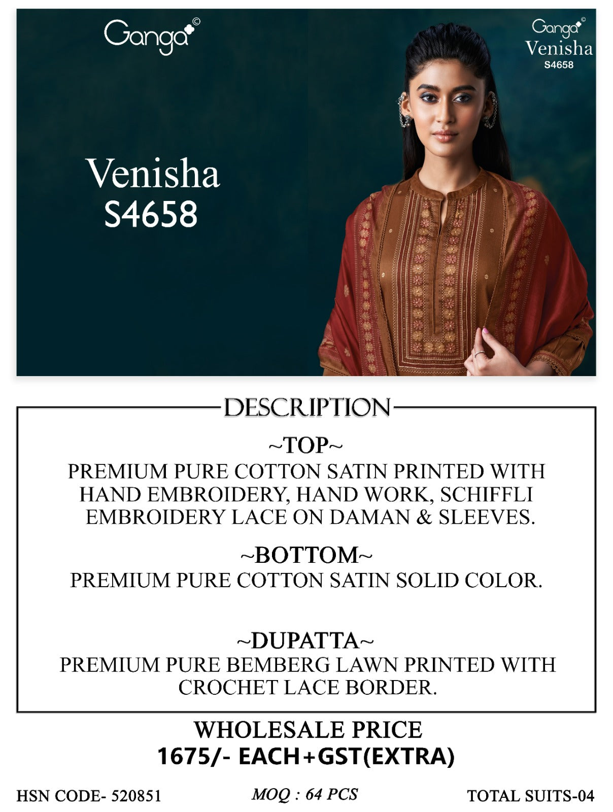 Venisha S4658 Ganga Cotton Satin Pant Style Suits Wholesaler