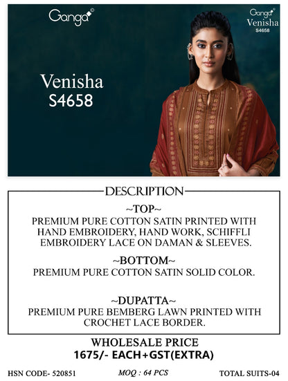 Venisha S4658 Ganga Cotton Satin Pant Style Suits Wholesaler