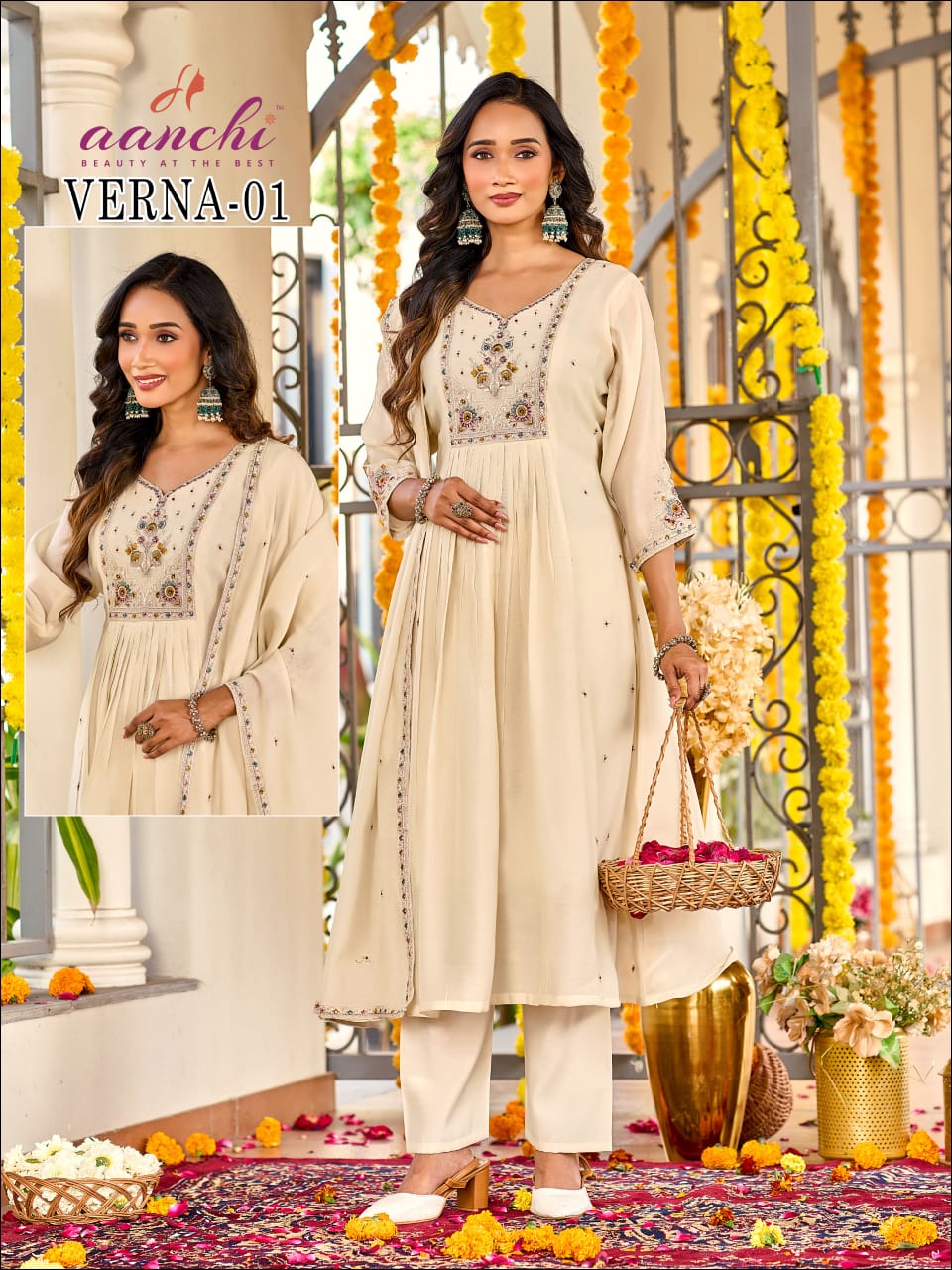 Verna Aanchi Mul Chanderi Readymade Anarkali Suits Exporter Ahmedabad