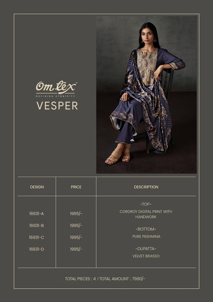 Vesper Omtex Cordroy Pashmina Suits Wholesale Rate