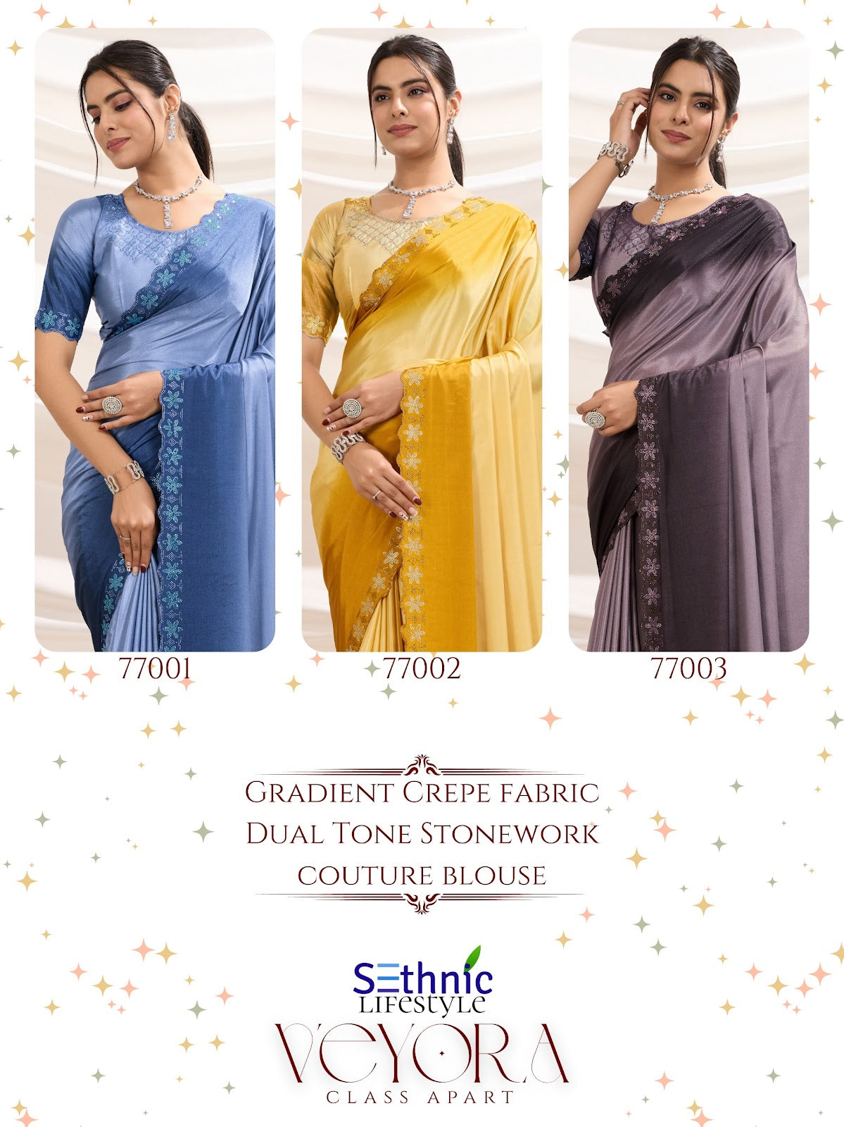 Veyora 77001 To 77003 Sethnic Crepe Sarees Exporter Ahmedabad