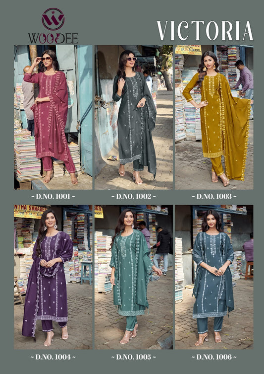 Victoria Woodee Roman Silk Readymade Pant Style Suits Wholesale Rate