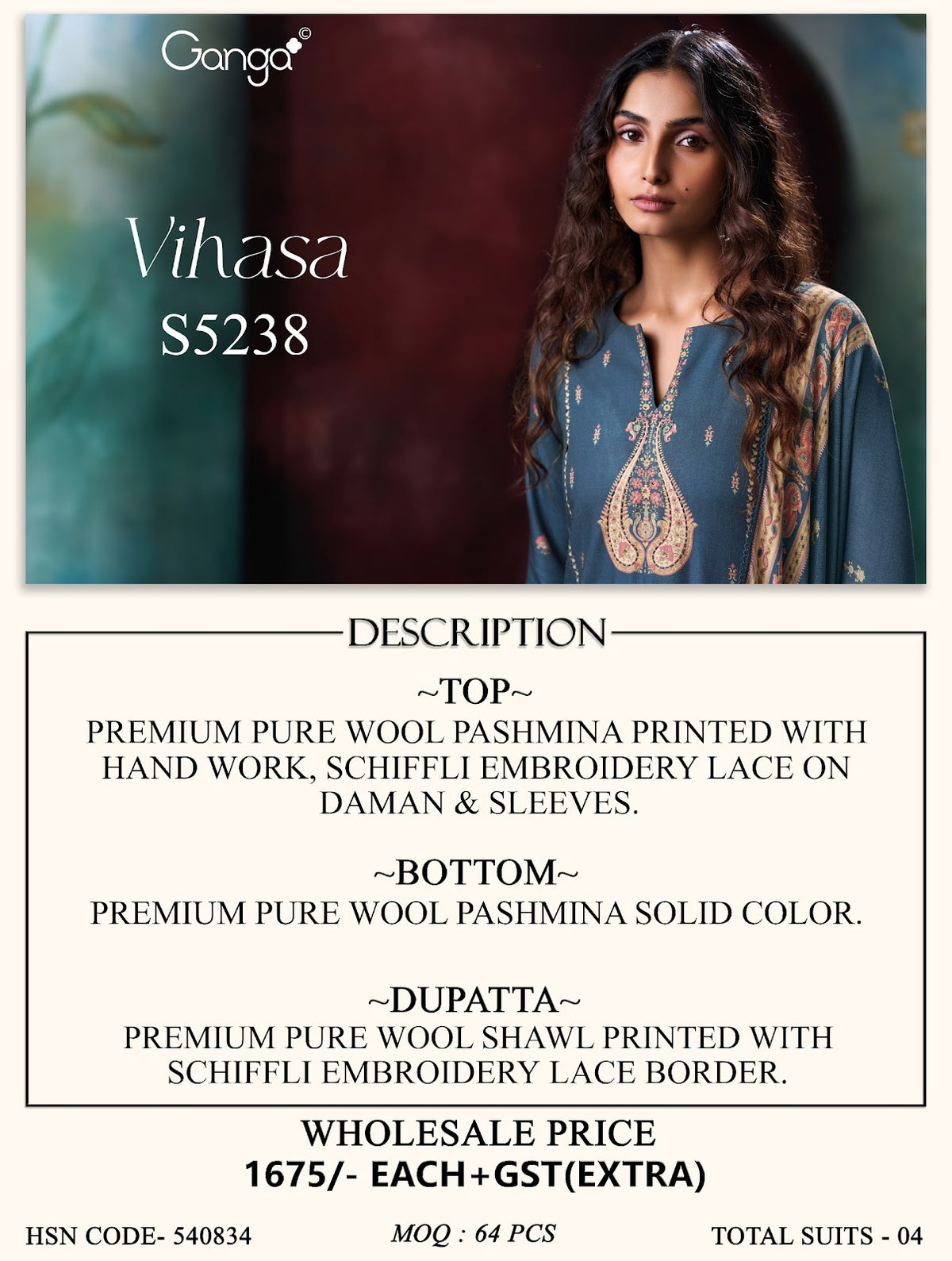 Vihasa S5238 Ganga Wool Pashmina Suits Wholesale Rate