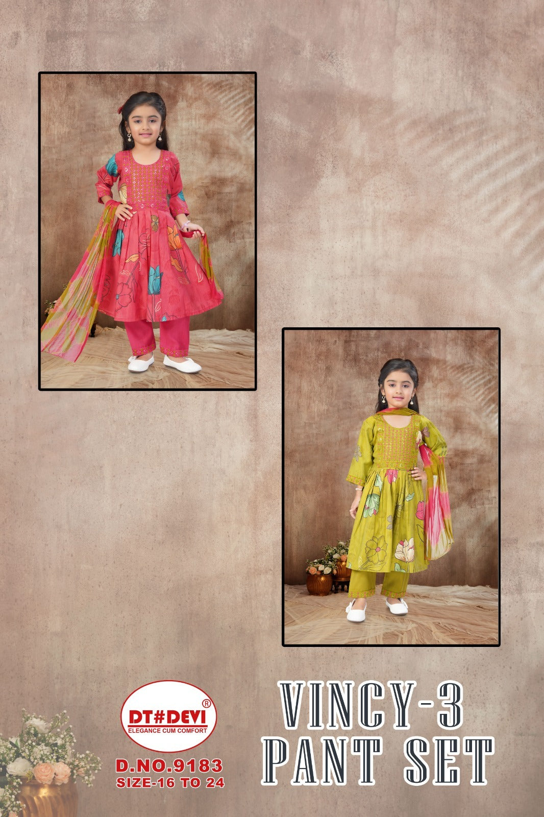 Vincy 3 Dn 9183 Dt Devi Vetican Girls Readymade Pant Suits Manufacturer Gujarat