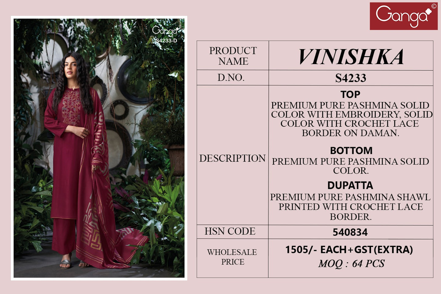 Vinishka 4233 Ganga Pashmina Suits Wholesaler Ahmedabad