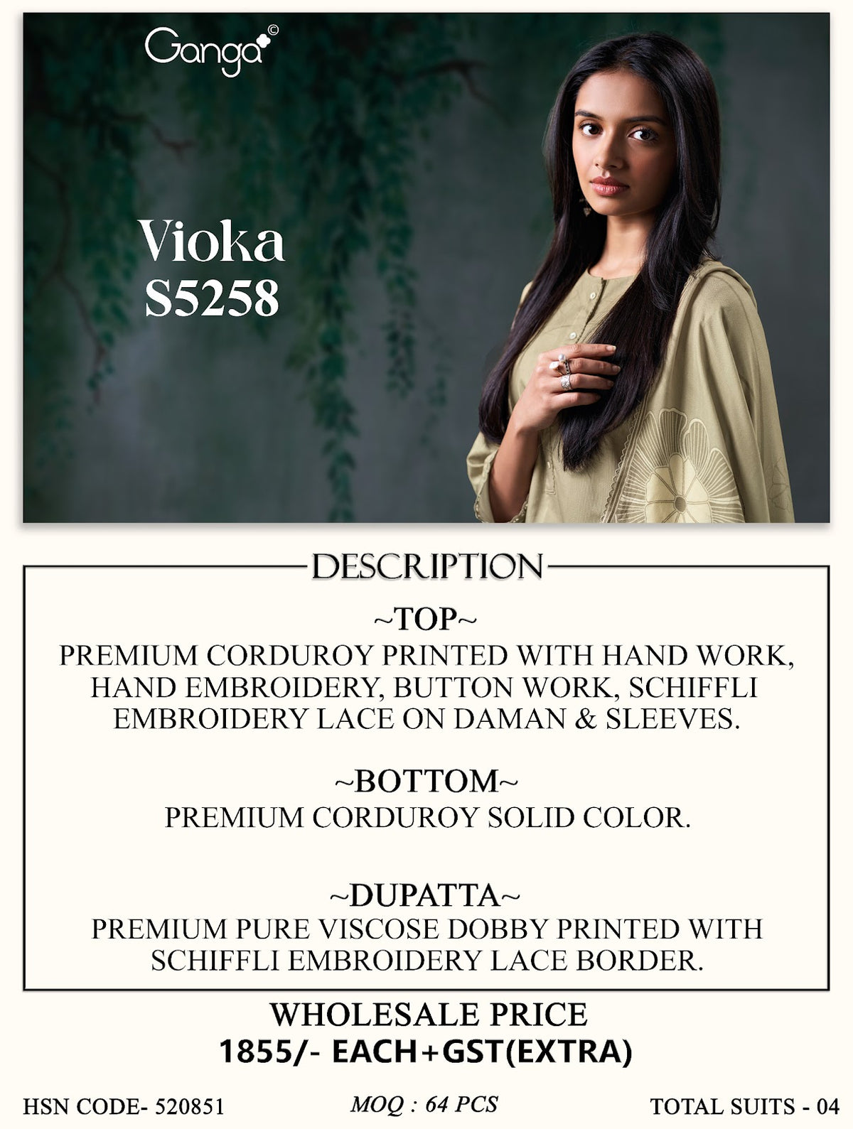 Vioka S5258 Ganga Corduroy Pant Style Suits Manufacturer India