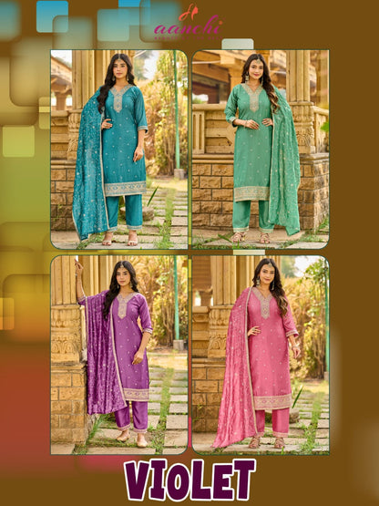 Violet Aanchi Vichitra Silk Readymade Pant Style Suits Manufacturer Ahmedabad