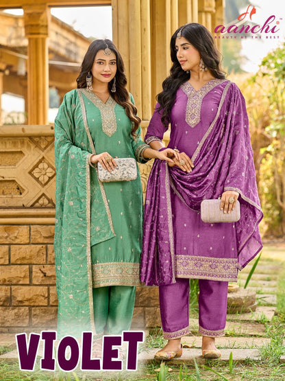 Violet Aanchi Vichitra Silk Readymade Pant Style Suits Manufacturer Ahmedabad