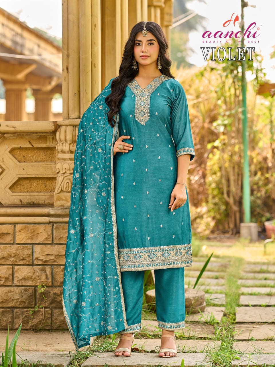 Violet Aanchi Vichitra Silk Readymade Pant Style Suits Manufacturer Ahmedabad