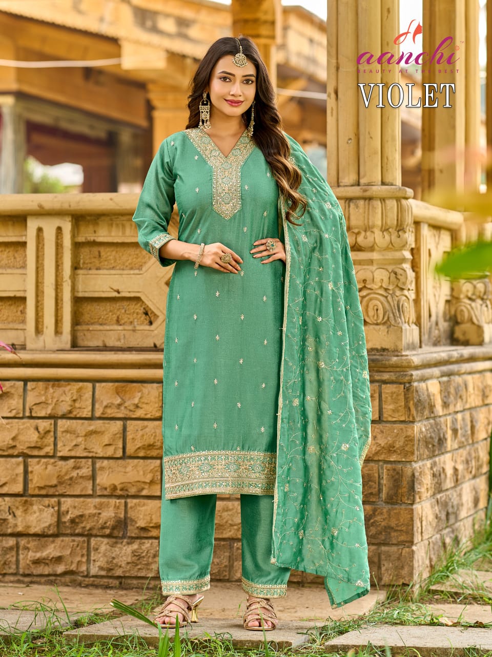 Violet Aanchi Vichitra Silk Readymade Pant Style Suits Manufacturer Ahmedabad