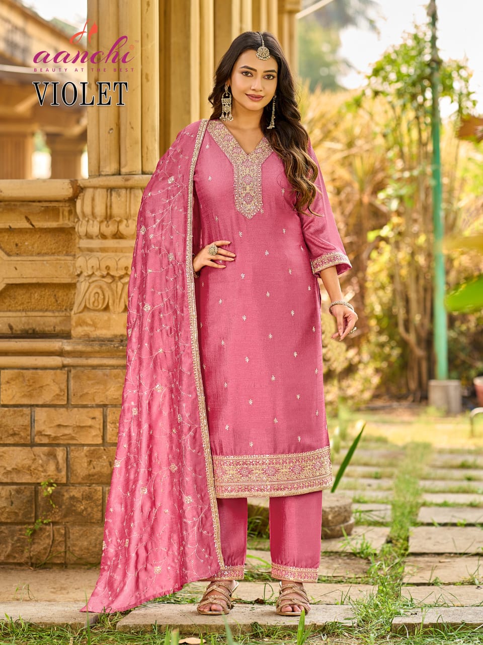 Violet Aanchi Vichitra Silk Readymade Pant Style Suits Manufacturer Ahmedabad