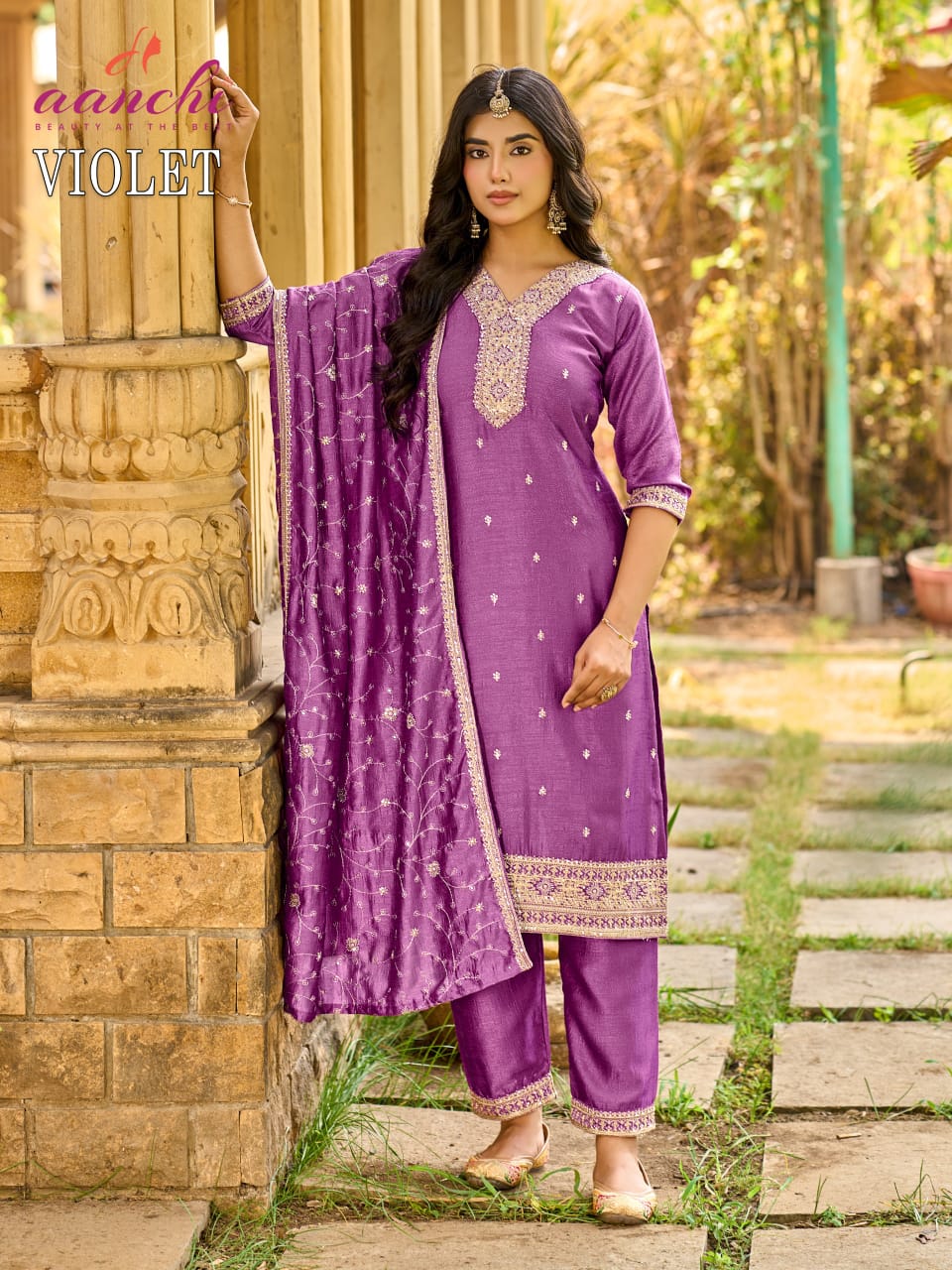 Violet Aanchi Vichitra Silk Readymade Pant Style Suits Manufacturer Ahmedabad