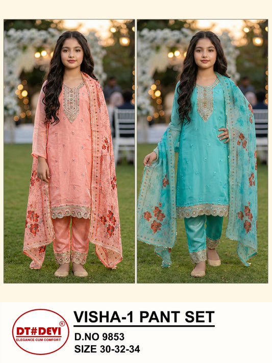 Visha 1 Dn 9853 Dt Devi Roman Silk Girls Readymade Pant Suits Wholesale Price