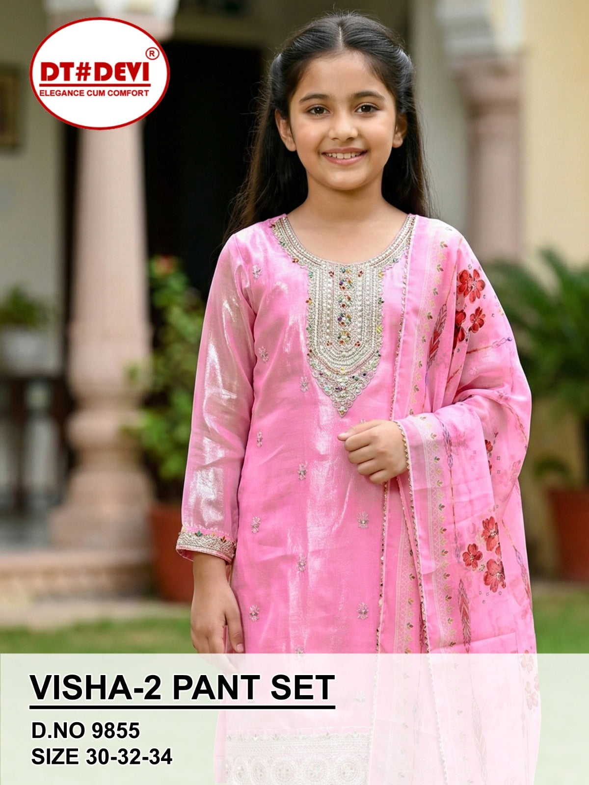 Visha 2 Dn 9855 Dt Devi Roman Silk Girls Readymade Pant Suits Wholesaler Ahmedabad