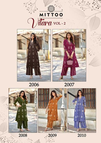 Vitara Vol 2 Mittoo Rayon Kurti Plazzo Set Wholesale