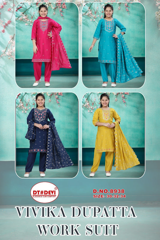 Vivika 8938 Dt Devi Roman Silk Girls Readymade Pant Suits Supplier Ahmedabad