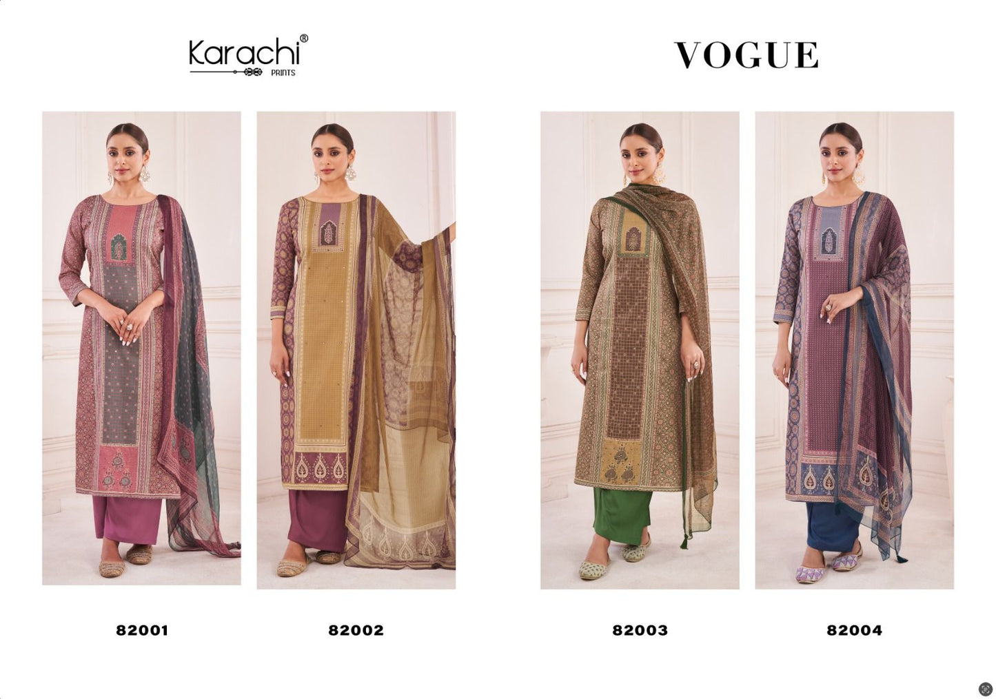 Vogue Karachi Prints Jam Satin Plazzo Style Suits Wholesale