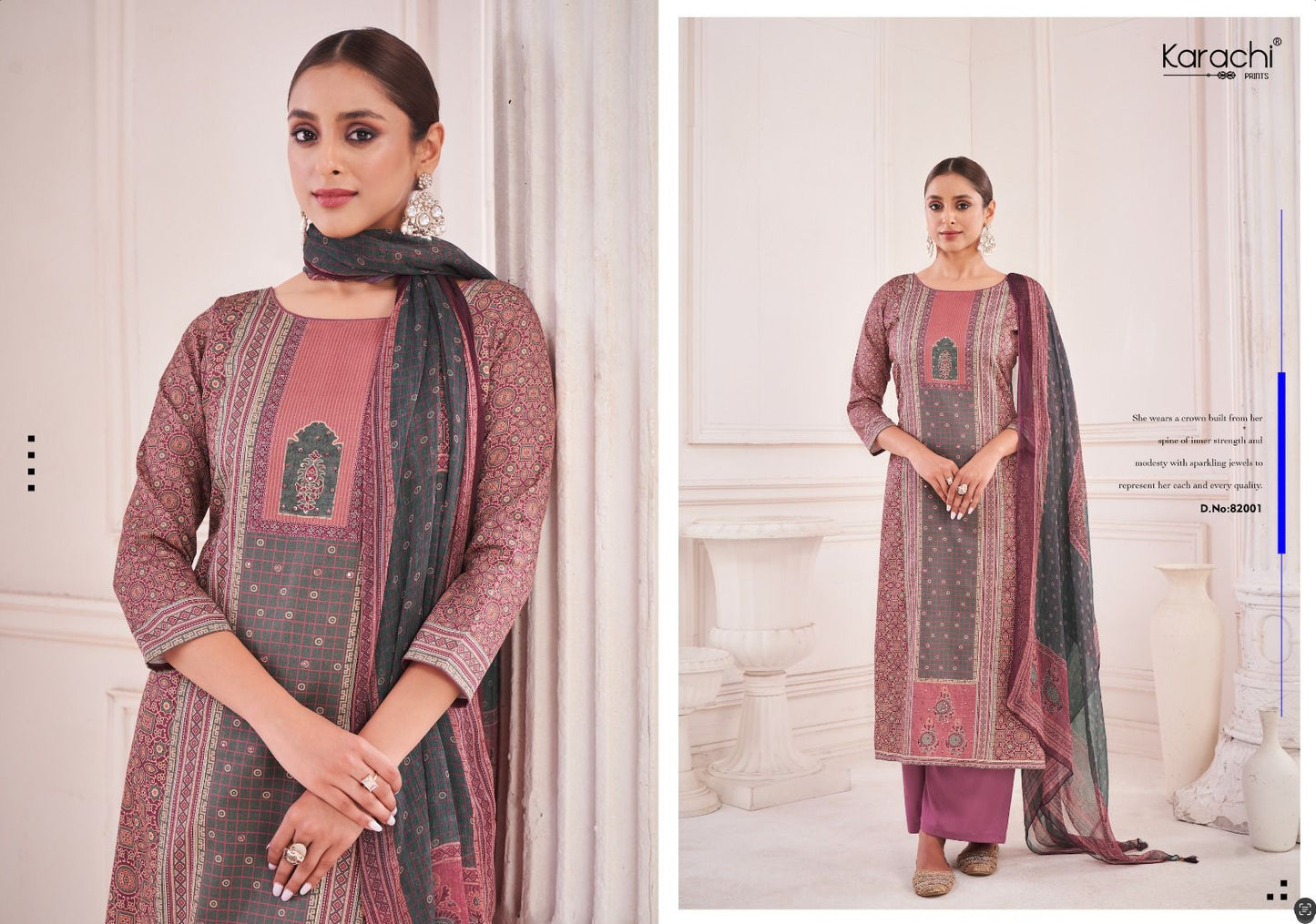 Vogue Karachi Prints Jam Satin Plazzo Style Suits Wholesale