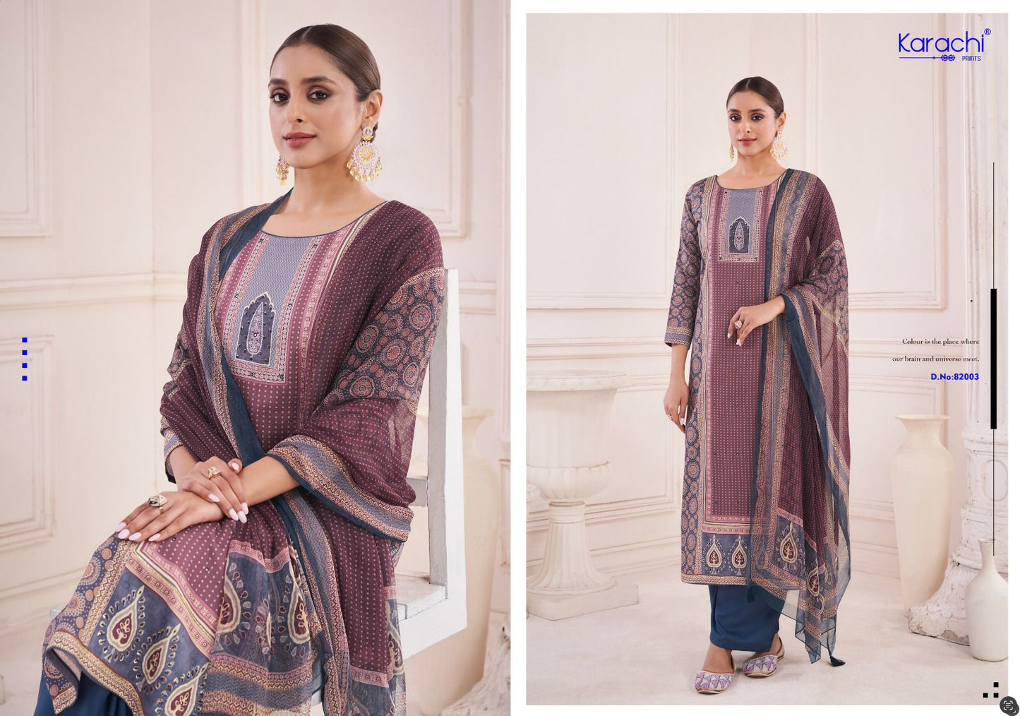 Vogue Karachi Prints Jam Satin Plazzo Style Suits Wholesale