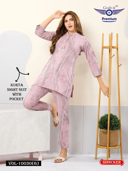 Vol 10030-G Grab It Sinker Kurta Night Suits Wholesale