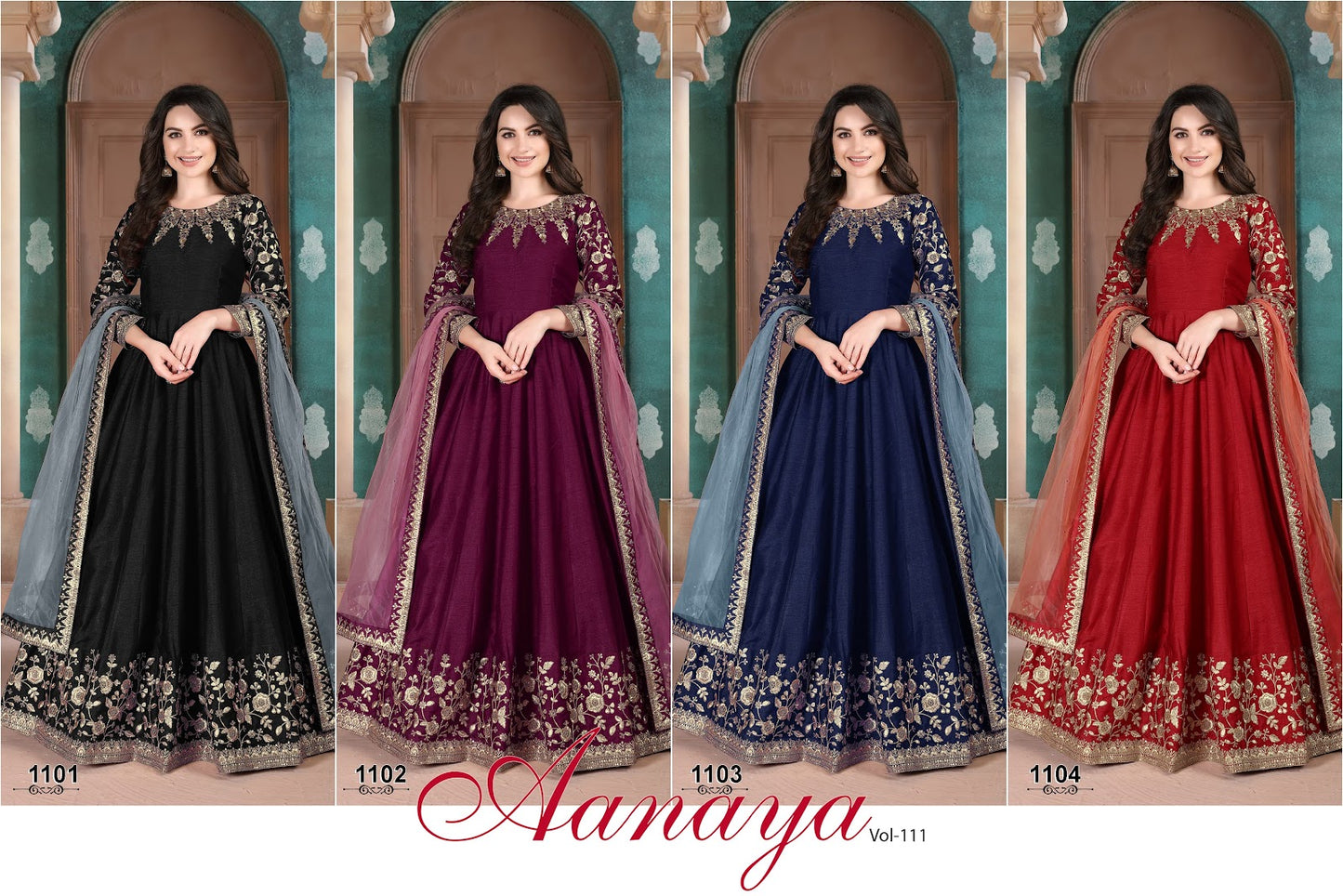 Vol 111 1101-1104 Aanaya Silk Anarkali Salwar Suits Exporter Gujarat