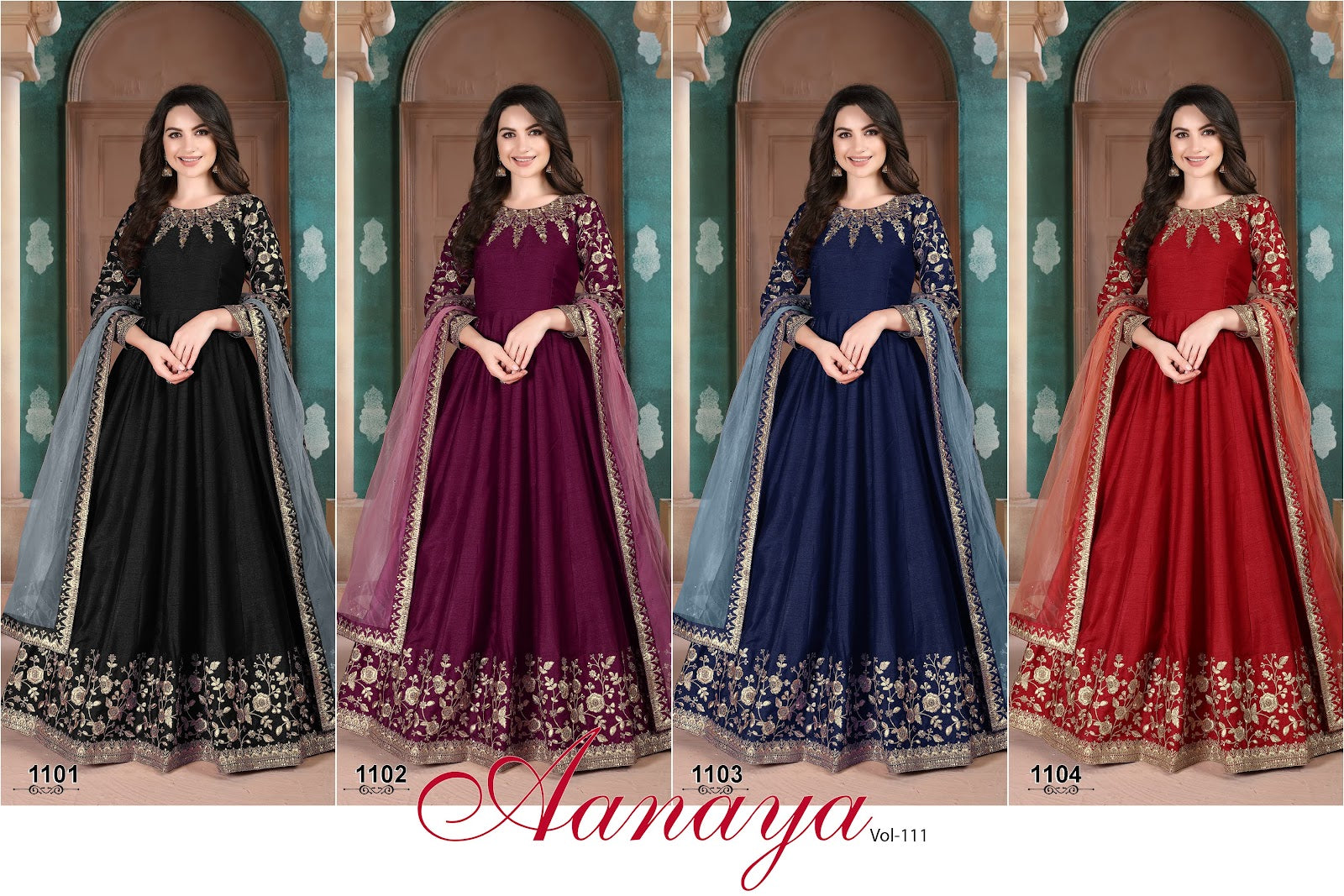 Vol 111 1101-1104 Aanaya Silk Anarkali Salwar Suits Exporter Gujarat