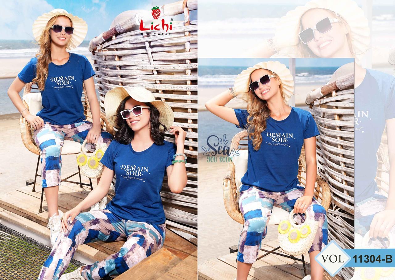 Vol 11304 Lichi Hosiery Capri Pyjama Night Suits Exporter Ahmedabad