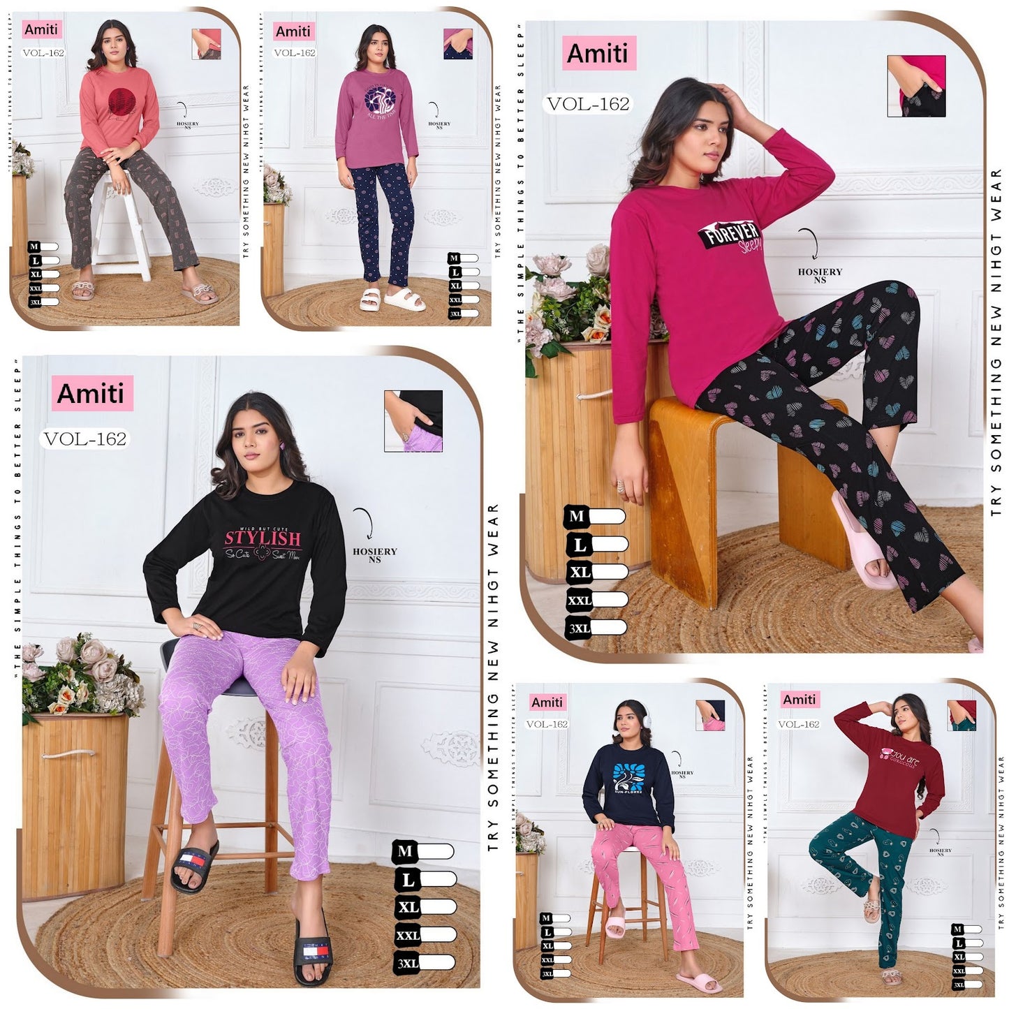 Vol 162 Amiti Cotton Hosiery Full Sleeve Night Suits Wholesaler