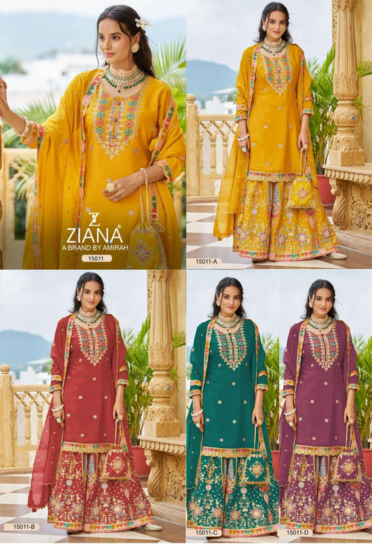 Vol 1 Dn 15011 Ziana Chinon Silk Readymade Plazzo Style Suits Wholesale Price